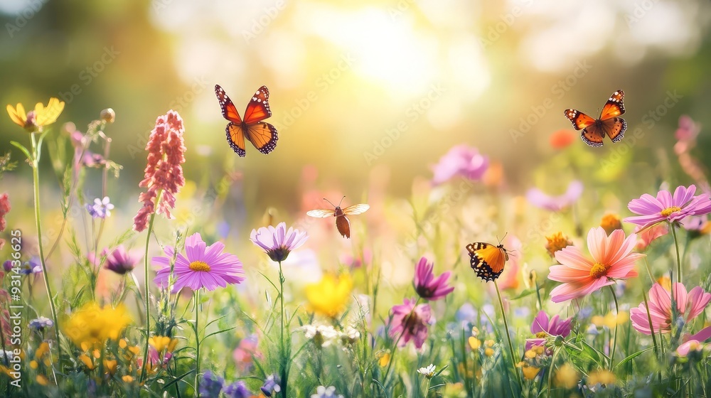 A scenic view of a summer meadow with wildflowers in full bloom. The bright colors of A scenic view of a summer meadow with wildflowers in full bloom. The bright colors of