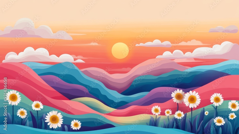 Abstract flat vector landscape illustration with mountains, sun, and daisies in pastel colors, with a grainy texture background Abstract flat vector landscape illustration with mountains, sun, and daisies in pastel colors, with a grainy texture background