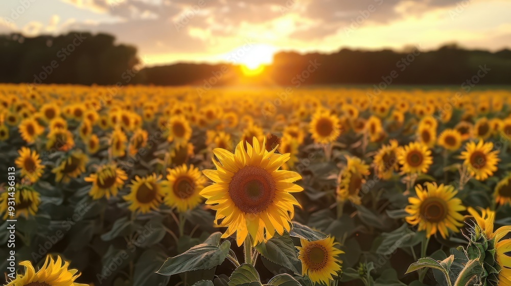 Fototapeta premium A vibrant sunflower field at sunset, showcasing the beauty of nature's colors and light in a tranquil setting.