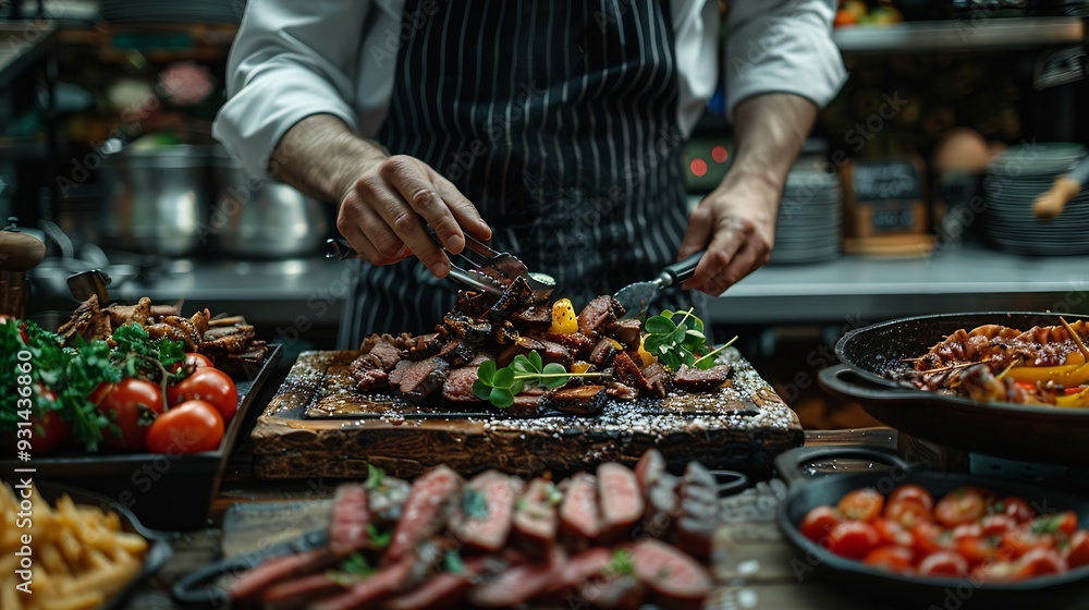 Obraz premium food restaurant plate table chef gourmet elegant wooden dark meal meat dinner lunch : Generative AI