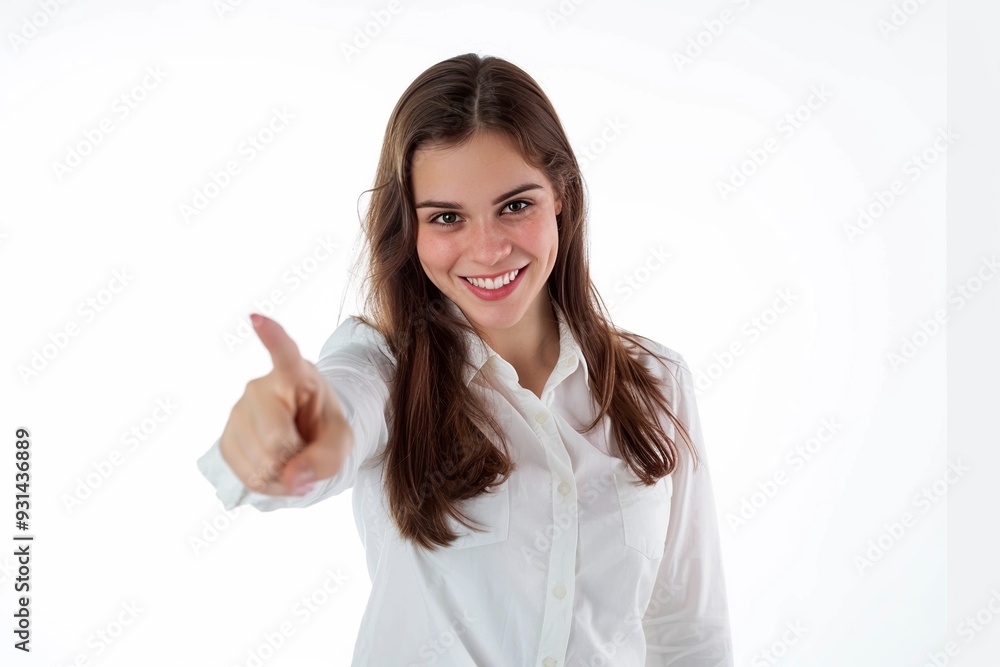 Happy woman and portrait pointing at you for business recruitment on a white background. ,generative ai Happy woman and portrait pointing at you for business recruitment on a white background. ,generative ai