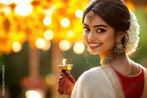 a beautiful young smiling Indian Bengali woman in a white saree red blouse holding a diya and looking back side photo