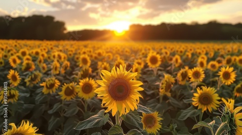 A vibrant sunflower field at sunset, showcasing the beauty of nature's colors and light in a tranquil setting.