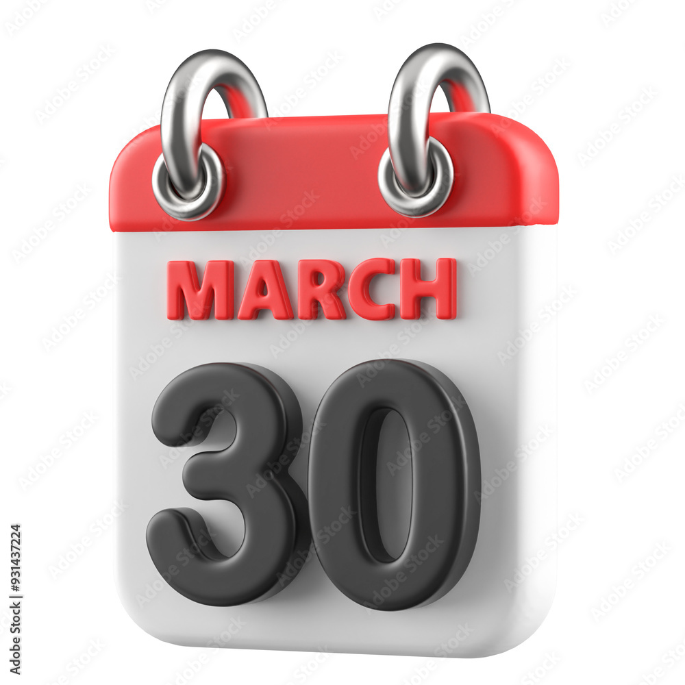 30th March Calendar Icon 3D Render 30th March Calendar Icon 3D Render
