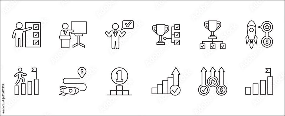 Fototapeta premium Business goals icon set. Goals and achievement icons set. Business and management icon collection. Vector stock illustration thin line style. Contains symbols of businessman, podium, trophy and reward