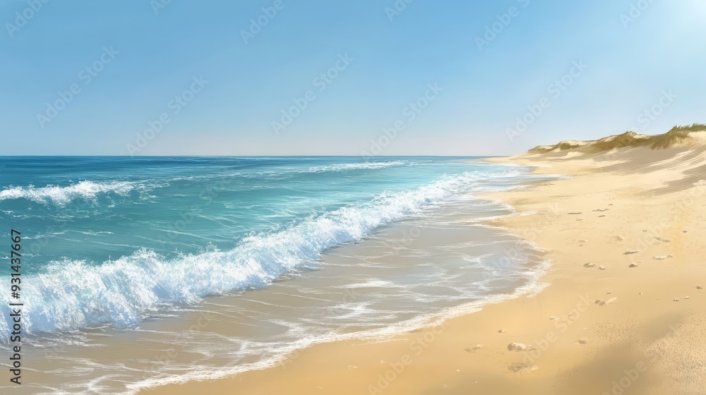 A serene coastal scene with golden sands and turquoise waters. The gentle waves lap against A serene coastal scene with golden sands and turquoise waters. The gentle waves lap against