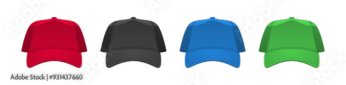 Set of red, black, blue and green baseball caps.