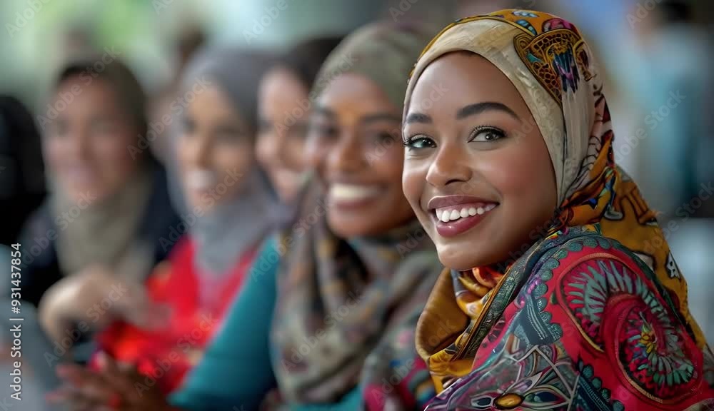 Black female muslim woman laughs with colleagues in office meeting. Black female muslim woman laughs with colleagues in office meeting.