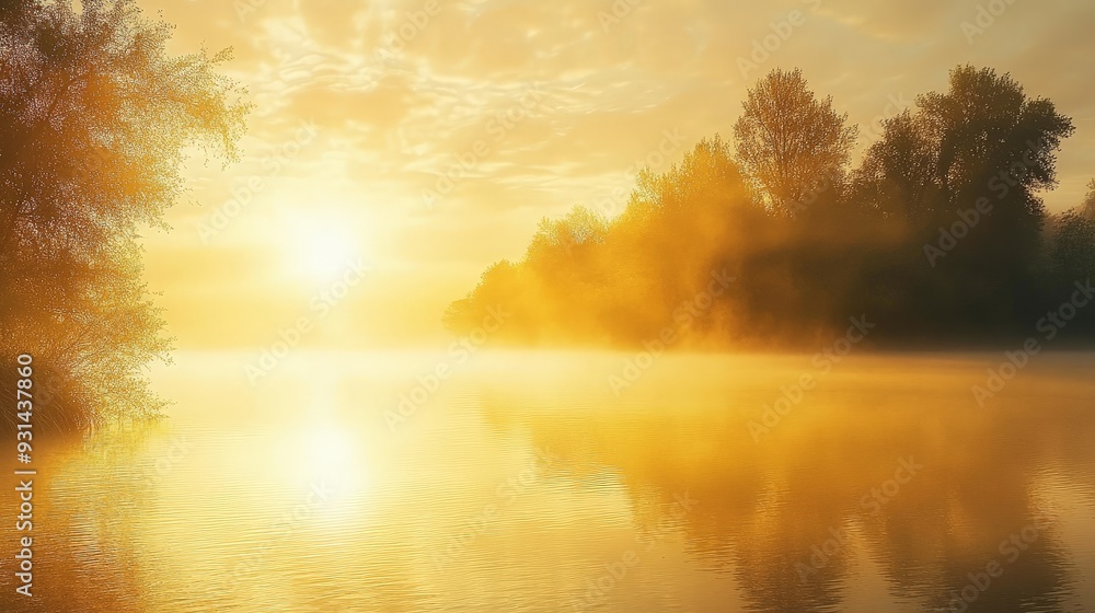 A serene early morning scene with the sun peeking through a light mist over a calm lake. A serene early morning scene with the sun peeking through a light mist over a calm lake.