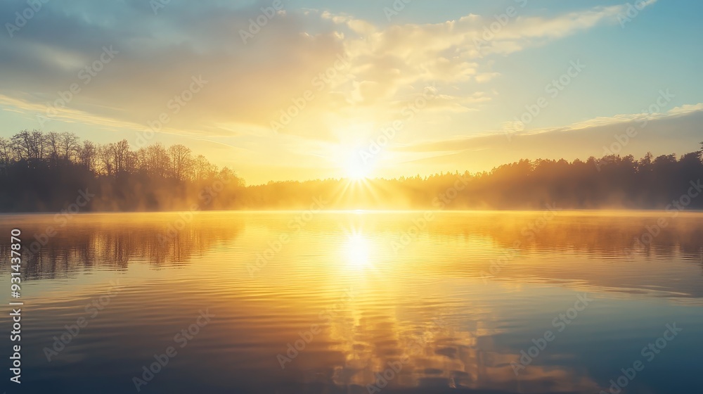 A serene early morning scene with the sun peeking through a light mist over a calm lake. A serene early morning scene with the sun peeking through a light mist over a calm lake.