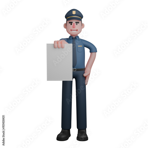 Law Enforcement 3D Cartoon. A policeman holds a blank paper with one hand while smiling. Male Police