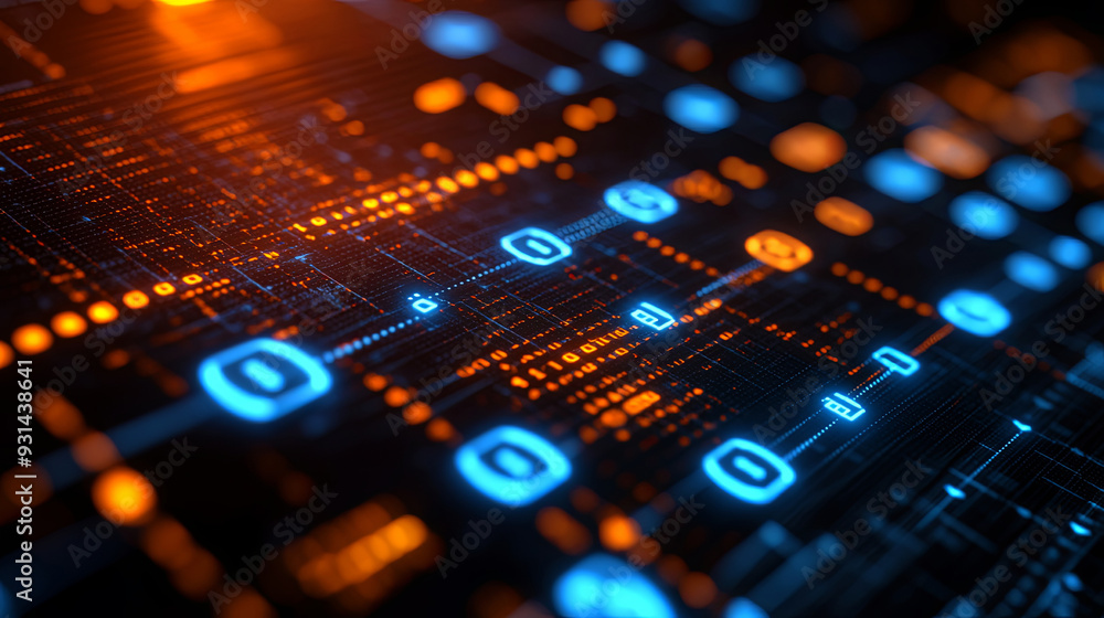 Abstract digital data visualization with blue and orange lights representing technology and connectivity Abstract digital data visualization with blue and orange lights representing technology and connectivity