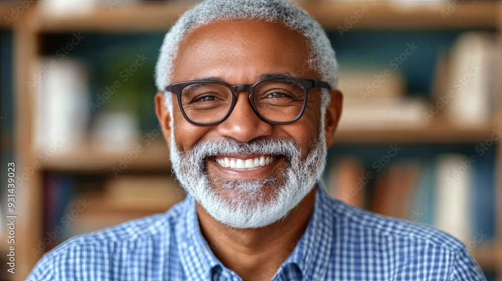 Smiling elderly man with glasses in a cozy library setting during daylight hours Smiling elderly man with glasses in a cozy library setting during daylight hours