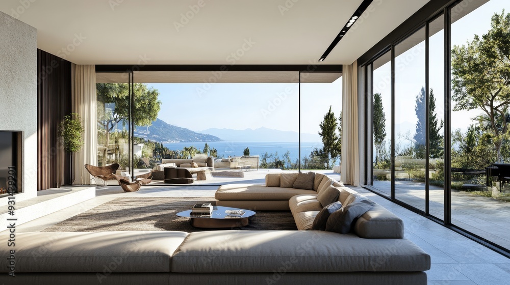 Modern living room interior with a panoramic window and sea view Modern living room interior with a panoramic window and sea view