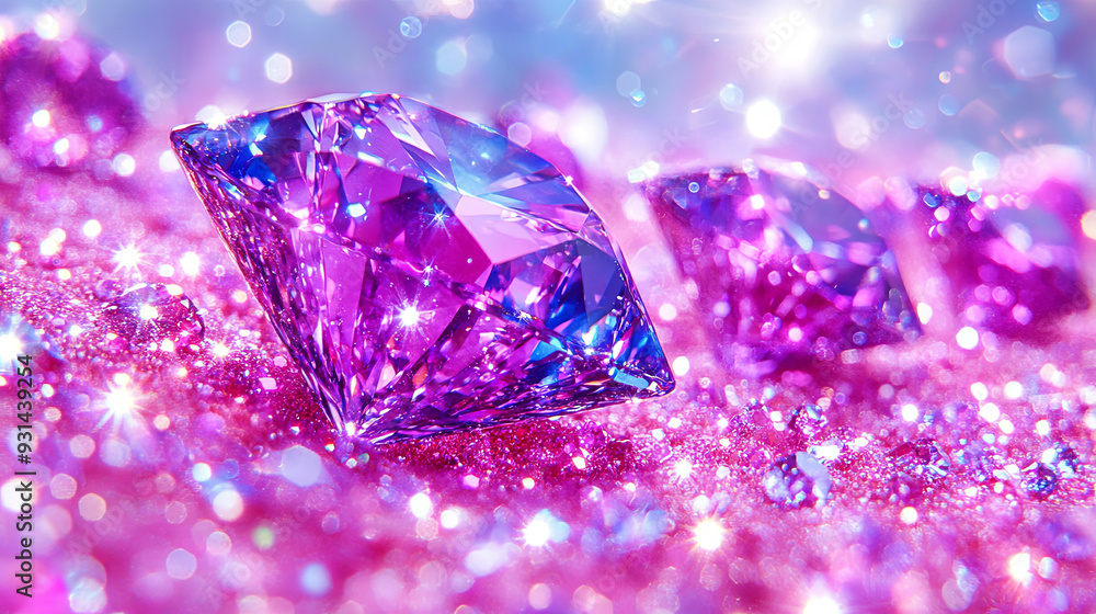 Colorful purple gemstones sparkle on a glittery background Colorful purple gemstones sparkle on a glittery background