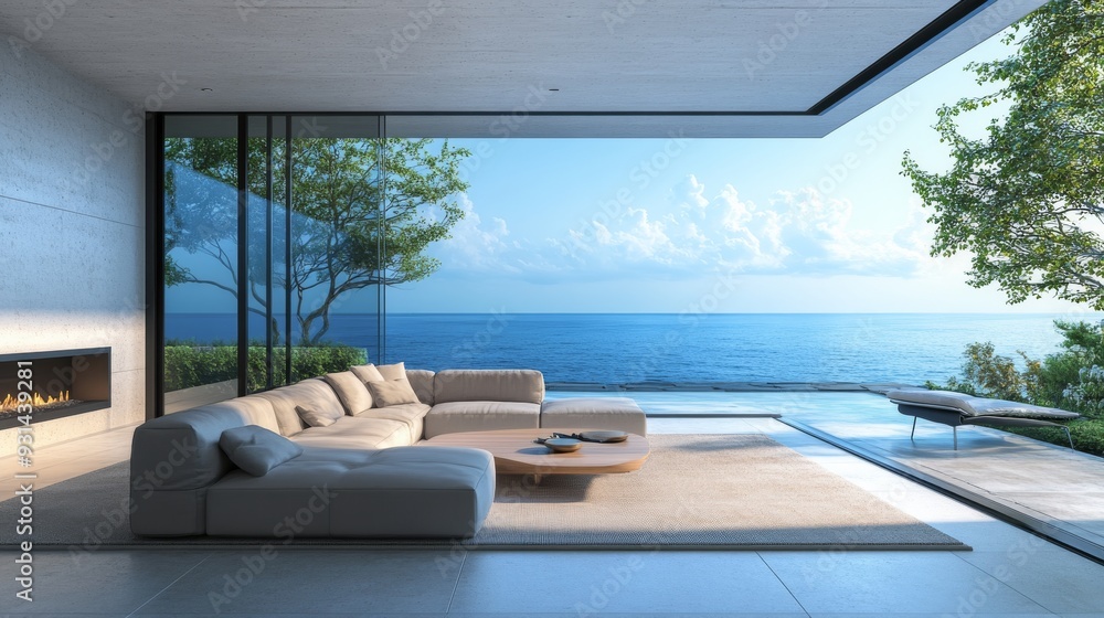 Naklejka premium Modern living room interior with a panoramic window and sea view