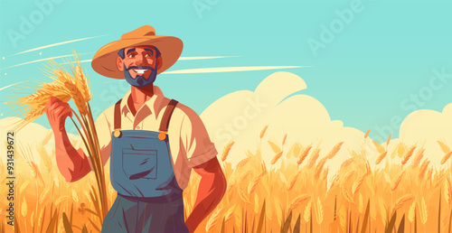 A smiling peasant with a hat and blue uniform standing in the wheat field vector illustration. A farmer holds a bundle of wheat in a vibrant field, enjoying a sunny day outdoors.