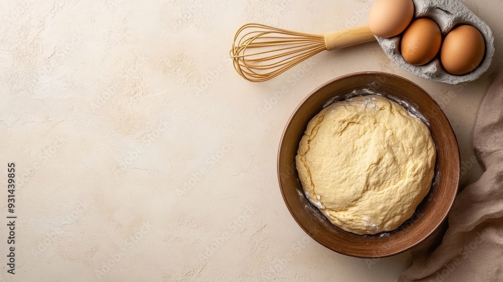 Fototapeta premium a bowl with dough, eggs, and a whisk on a beige background