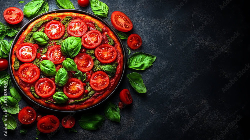 Fresh tomato and basil pizza preparation on a dark countertop, showcasing vibrant ingredients before baking in an oven Fresh tomato and basil pizza preparation on a dark countertop, showcasing vibrant ingredients before baking in an oven