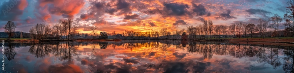 Breathtaking sunset reflected in the serene lake surface Breathtaking sunset reflected in the serene lake surface