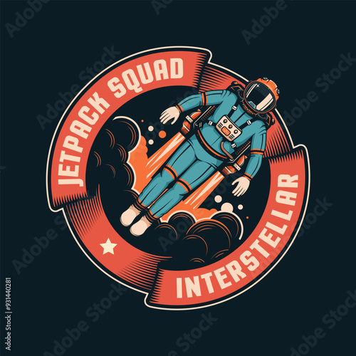 Astronaut propelled by a jetpack, surrounded by stylized clouds and flames - retro badge. Vintage space logo. Vector illustration