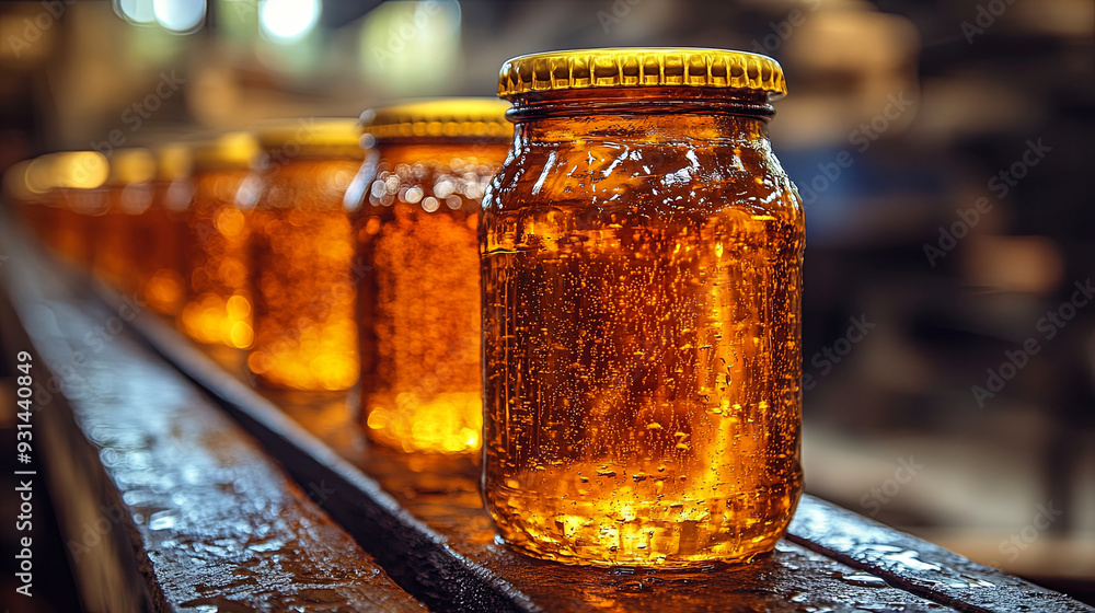 Jars of golden honey processed in a factory setting during daytime Jars of golden honey processed in a factory setting during daytime
