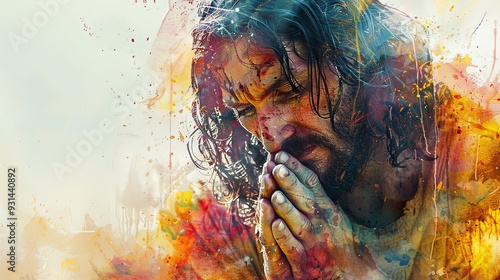 This abstract watercolor image of a man praying solemnly captures the introspective and serene essence of spirituality with bright colors and thoughtful brush strokes. photo