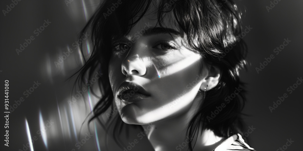 Black and White Portrait of a Woman With Dramatic Lighting Showcasing Her Features and Expression, A Portrait of a Model Girl who Gazes Thoughtfully, Black and White Portrait of a Woman With Dramatic Lighting Showcasing Her Features and Expression, A Portrait of a Model Girl who Gazes Thoughtfully,