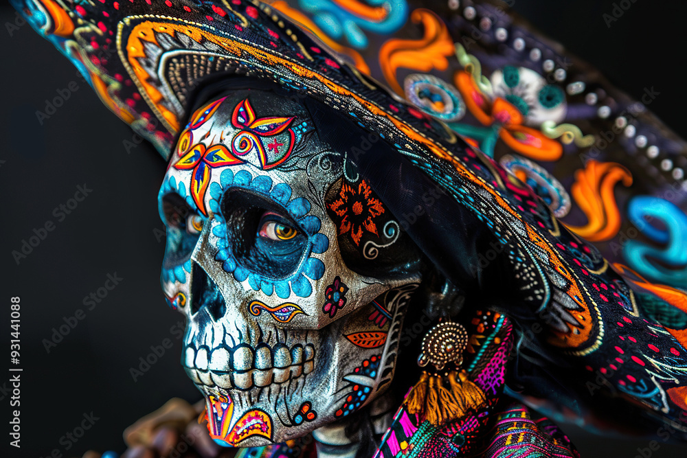 Naklejka premium Beautiful greeting card with bright holiday composition for happy to joy celebrate dia de muertos