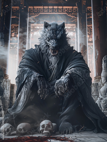 A high-definition, surreal photograph of the ferocious Canglang Monster (苍狼怪) from Journey to the West, anthropomorphized with a blend of wolf and human features. The massive figure is cloaked in ragg photo