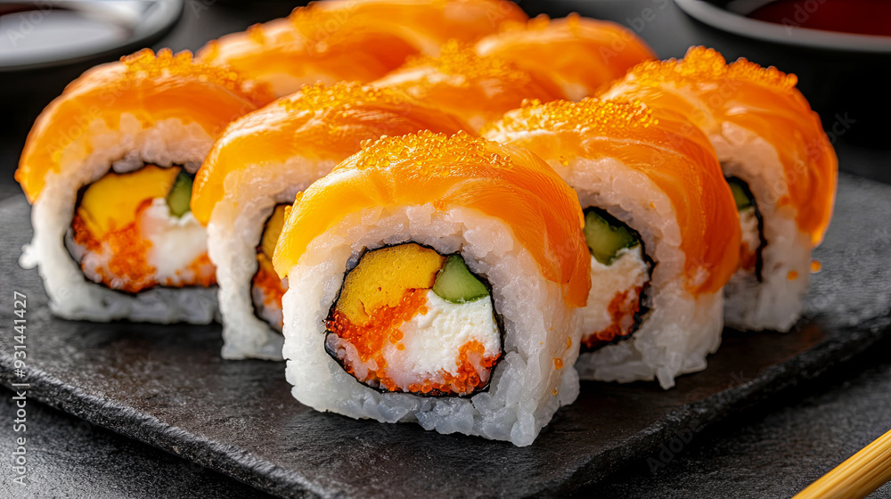 Delicious sushi rolls with salmon and avocado on a black serving platter Delicious sushi rolls with salmon and avocado on a black serving platter