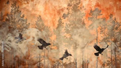 Birds fleeing a forest fire.