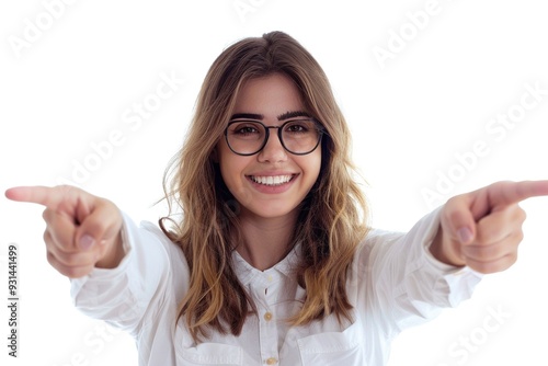 Wallpaper Mural Happy woman and portrait pointing at you for business recruitment on a white background. ,generative ai Torontodigital.ca