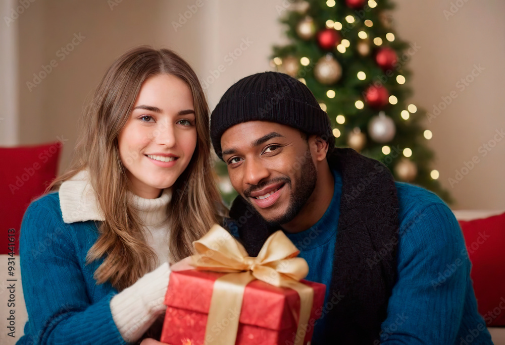 Happy couple at the Christmas tree. Illustration for banner, photo Happy couple at the Christmas tree. Illustration for banner, photo