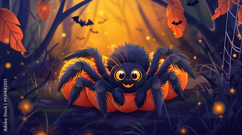Cute Cartoon Spider in Playful Halloween Shenanigans with Bright Autumn Forest Surroundings Cute Cartoon Spider in Playful Halloween Shenanigans with Bright Autumn Forest Surroundings