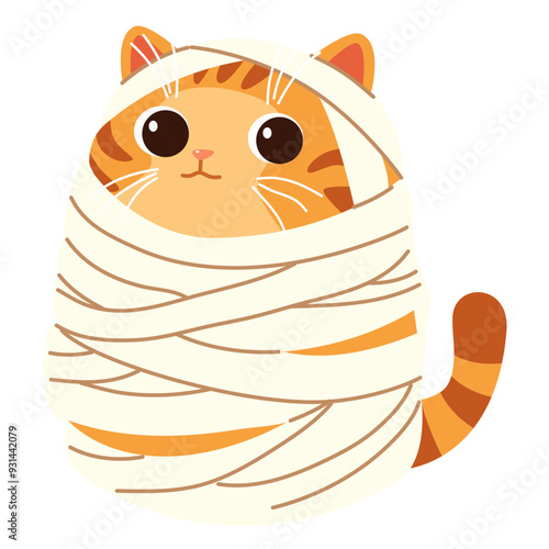 Cute vector illustration in children's style. Cute ginger cat in mummy costume. Illustration for halloween day. Vector illustration