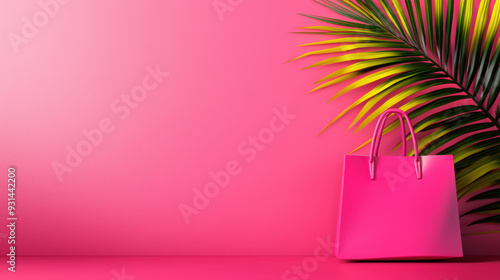 Vibrant pink handbag against a matching pink backdrop with tropical green palm leaves, perfect for fashion or summer themes. photo