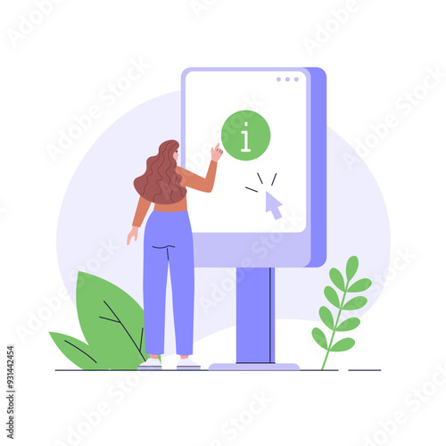 Using self-service with info. Users touch screen self service terminal. Concept of informational checkout service, info panel. People pushing on interactive information terminal. Vector illustration