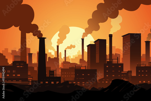 A sprawling industrial city is engulfed in smoke as the sun sets behind the skyline, showcasing pollution. Industrial city skyline highlighting pollution and smoke emissions, vector illustration.