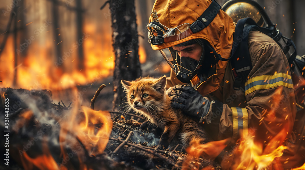 Firefighter Rescuing Fox Cub Firefighter Rescuing Fox Cub