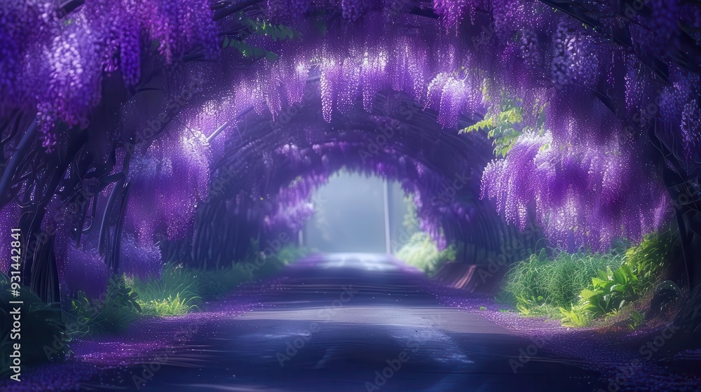 A serene pathway lined with vibrant purple flowers, creating an enchanting archway that invites peaceful exploration. A serene pathway lined with vibrant purple flowers, creating an enchanting archway that invites peaceful exploration.