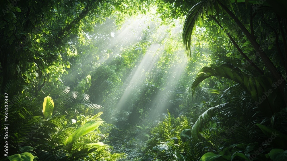 A serene view of a lush tropical rainforest with sunlight filtering through the dense canopy. A serene view of a lush tropical rainforest with sunlight filtering through the dense canopy.
