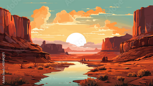 A vibrant sunset casts warm colors over canyon formations with a meandering river below. Sunset over canyons with a winding river in a flat style vector illustration, vector illustration.