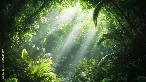 A serene view of a lush tropical rainforest with sunlight filtering through the dense canopy.