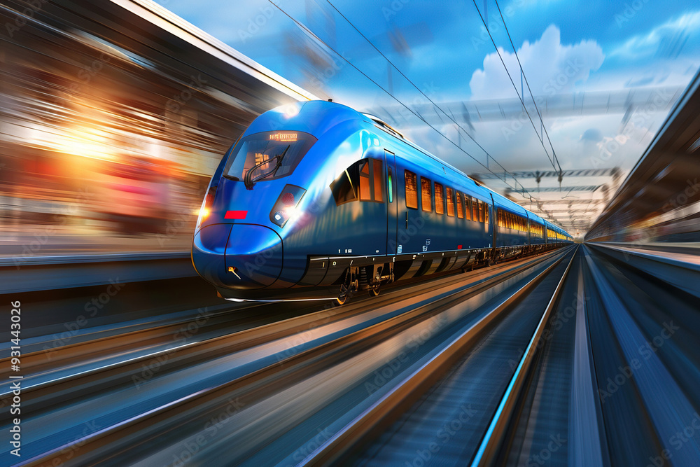 Modern high-speed train in fast motion passes through railway stations on blurred background Modern high-speed train in fast motion passes through railway stations on blurred background