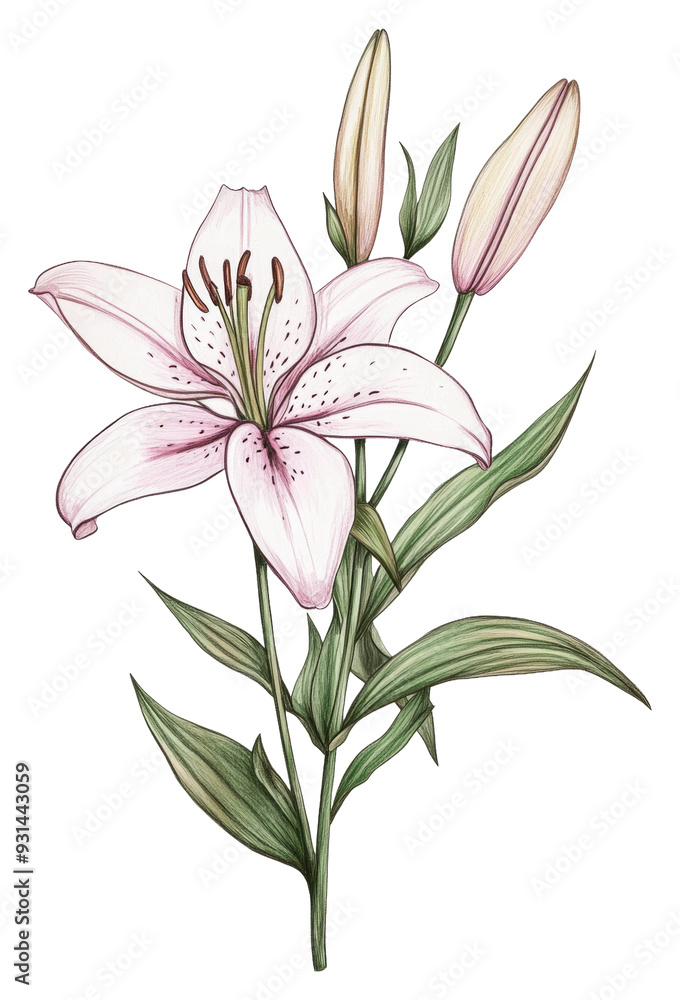 Pink lily in full bloom with buds nearby, cut out - stock png. Pink lily in full bloom with buds nearby, cut out - stock png.