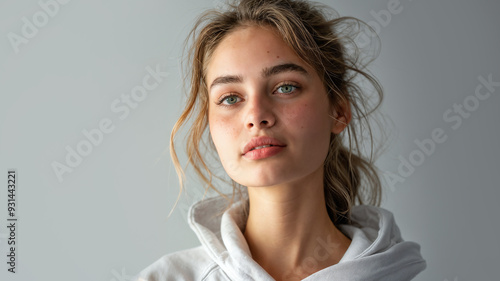 A Young Woman with Natural Beauty Standing Indoors During Daylight, a Student Girl wearing a Casual White Hoodie, Copy Space