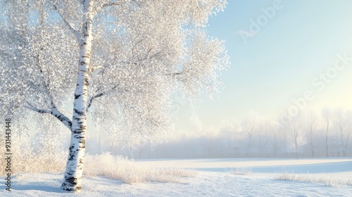 A serene winter landscape featuring a snow-covered birch tree. The bare branches are dusted