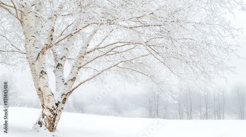 A serene winter landscape featuring a snow-covered birch tree. The bare branches are dusted