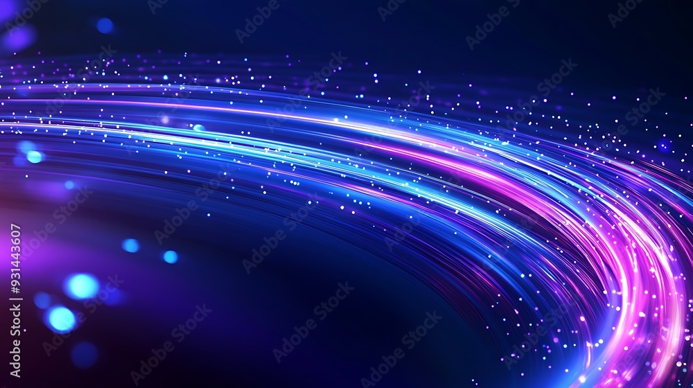 Abstract purple and blue glowing lines with bokeh lights on dark background. Abstract purple and blue glowing lines with bokeh lights on dark background.